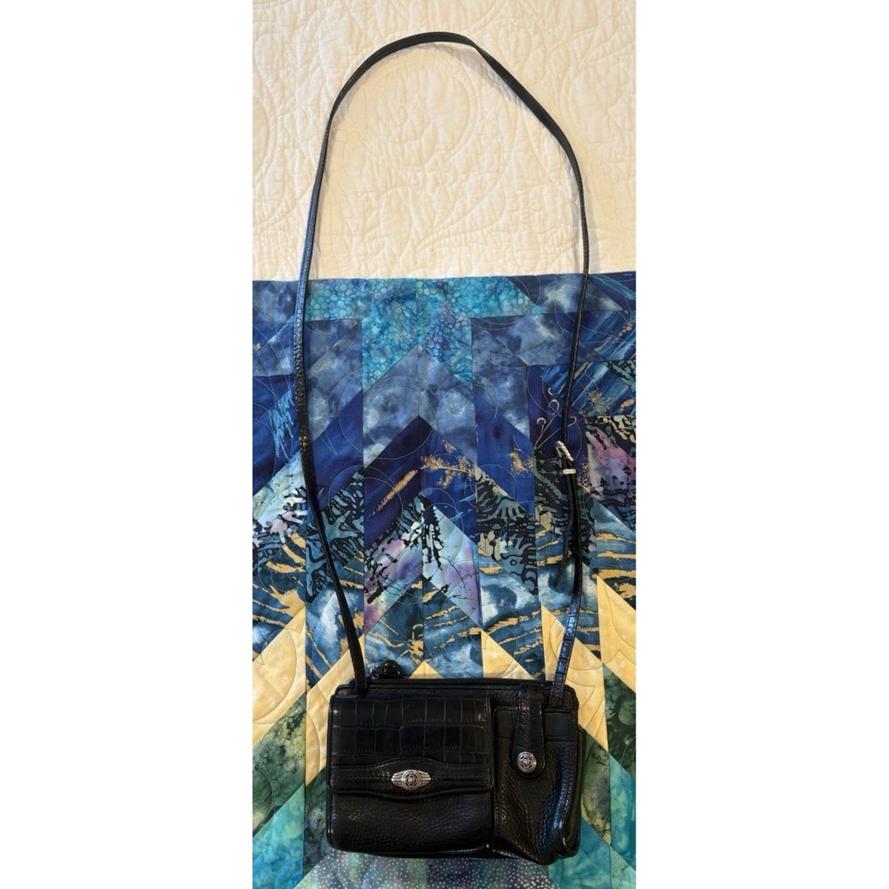 Beautiful Brighton Black Leather Pebbled Wallet/Phone Crossbody Strap Bag EUC